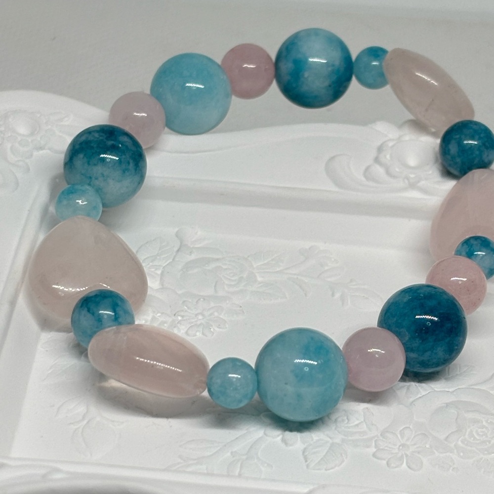 Ocean Blue Jade and Rose Quartz Calming Love Bracelet - Picture 2 of 4